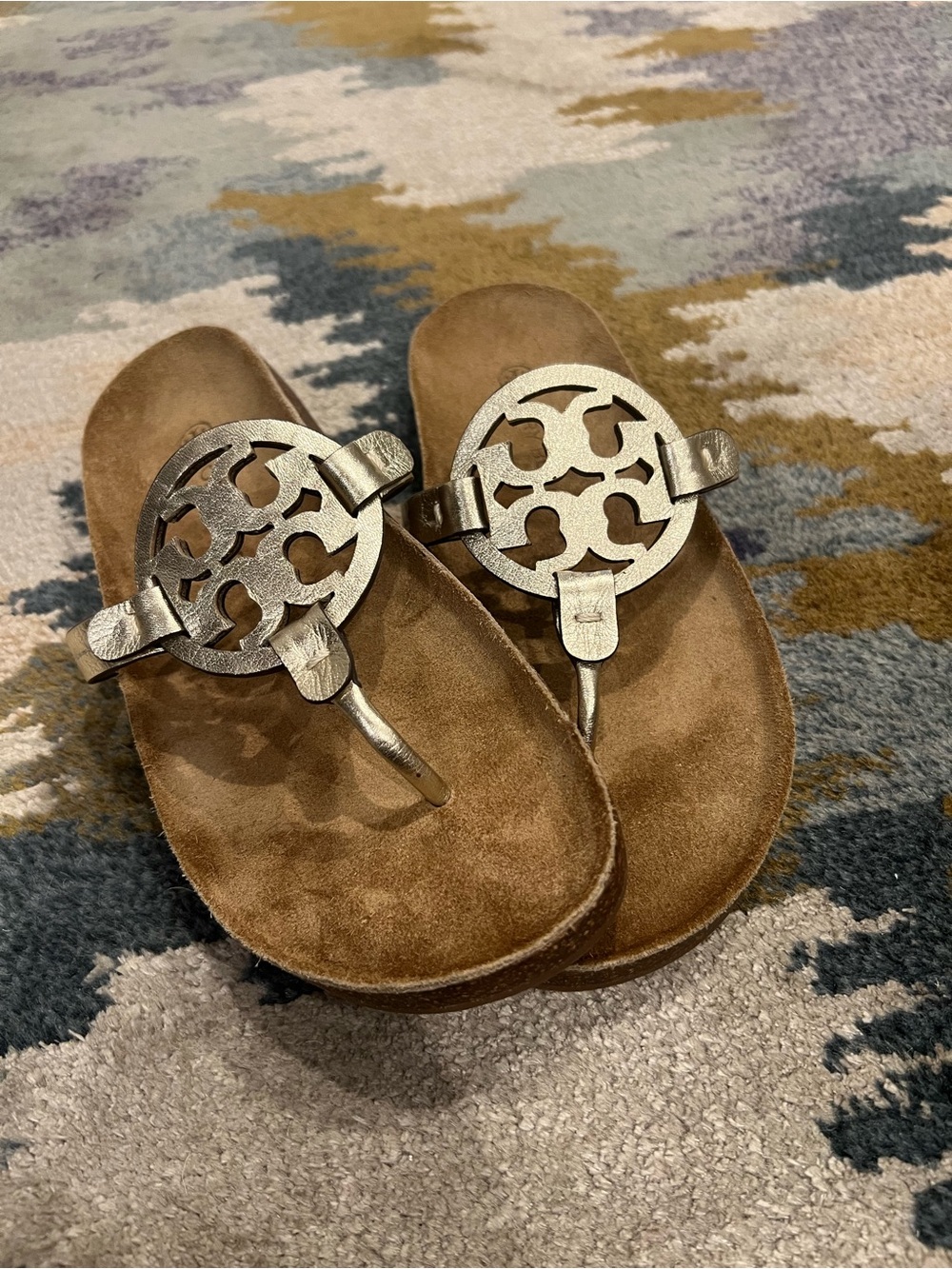 Tory Burch Miller Cloud Sandals Metallic Gold Logo Size 8 NWOB